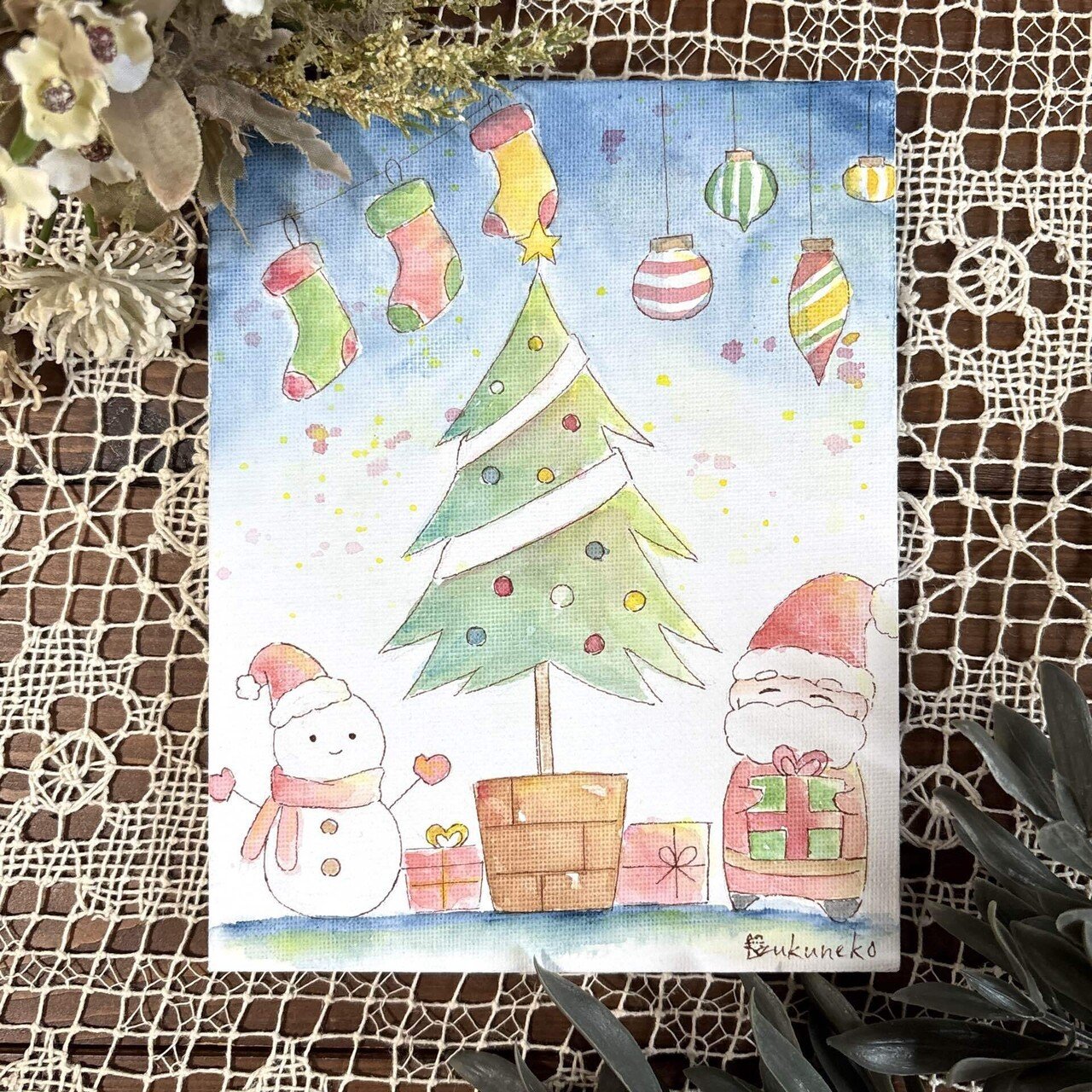 水彩画「クリスマス人形」 水彩画「クリスマス人形」 透明水彩画 ミニ額「モノトーンクリスマス