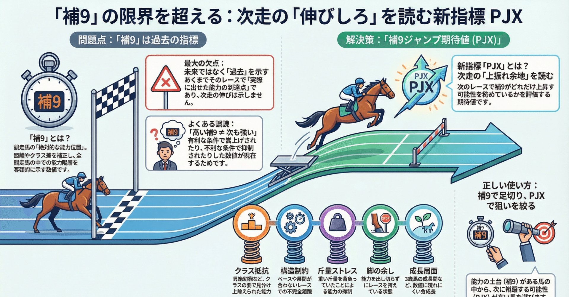 競馬予測の新しい視点：馬の「伸び代」を読む、補9ジャンプ期待値（PJX