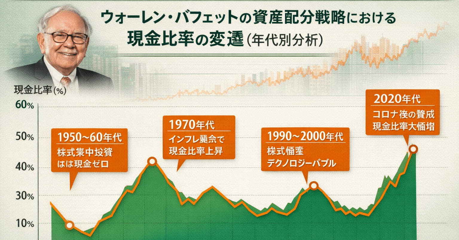 ウォーレン・バフェットの資産配分戦略における現金比率の変遷（年代別分析）｜Shota Atago/愛宕翔太(Taisho/大将)