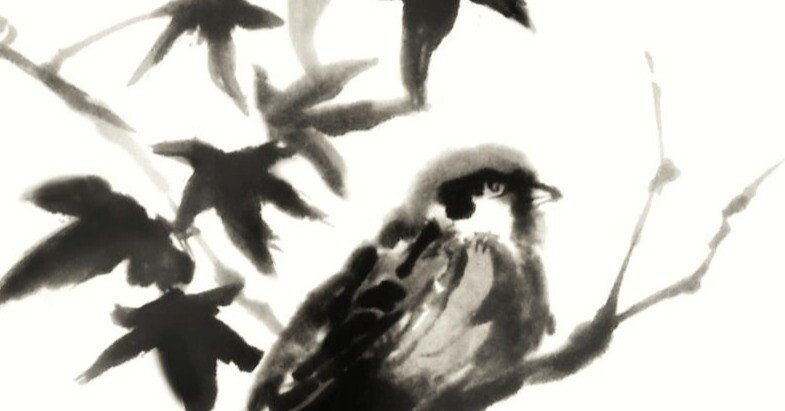 紅葉に雀』水墨画｜せきぞう、
