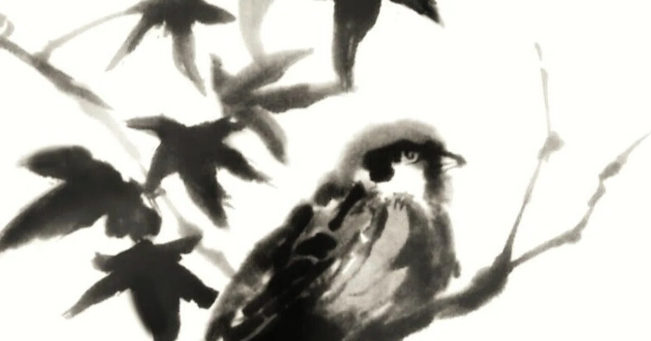 紅葉に雀』水墨画｜せきぞう、