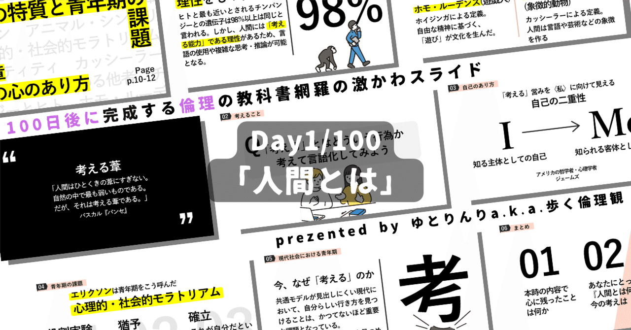 【day1】「人間とは」の授業のパワーポイント！100日後に完成する教科書を網羅するスライド【指導案】｜ゆとりんり｜ゆとりの倫理教員×授業スライド公開中