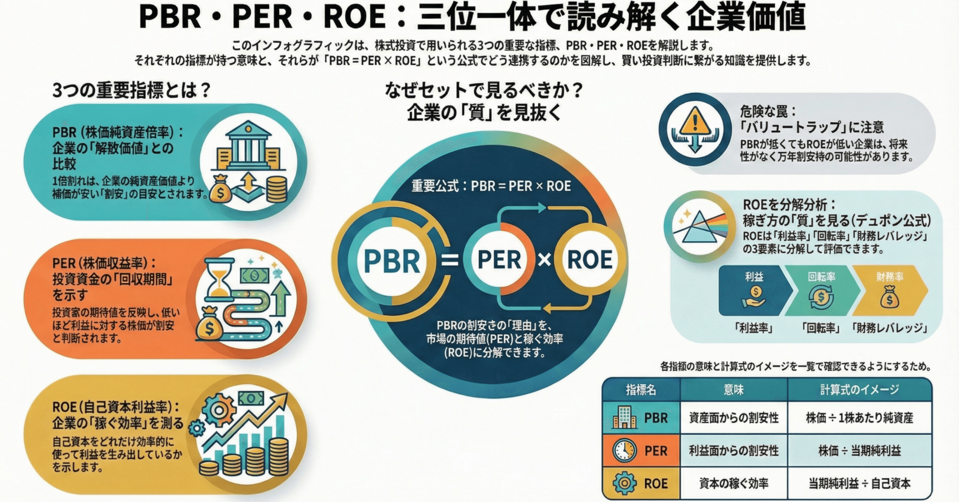PER・PBR・ROEの連関性分析：企業価値を深く見抜くための投資家向けガイド｜株の匠