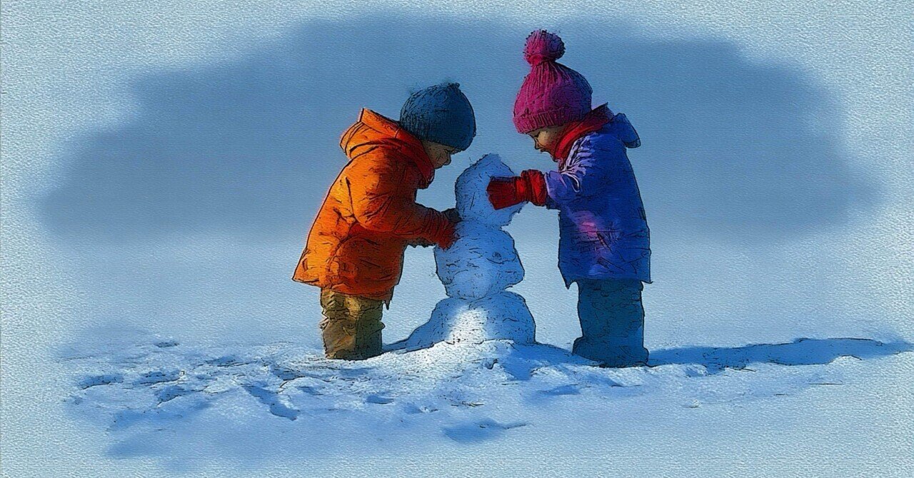 AIイラスト]雪だるまを作る二人の子供｜みぽぽ