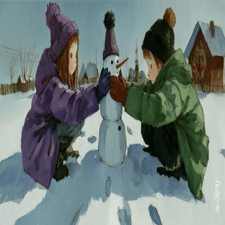 AIイラスト]雪だるまを作る二人の子供｜みぽぽ