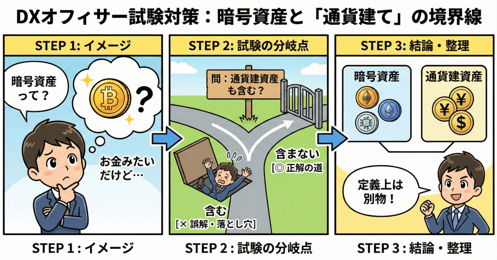 DXオフィサー認定試験：暗号資産は「通貨建て」も含む？――資金決済法の“ひっかけ”整理｜DXみつばちはち