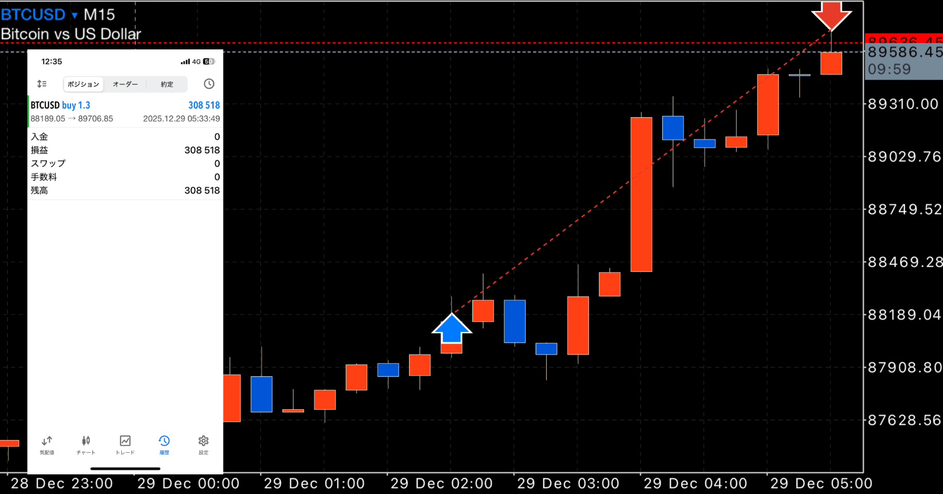 FX】 ビットコイン リカバリートレード （12月29日） 利確決済！ 本年もありがとうございました｜FX RT