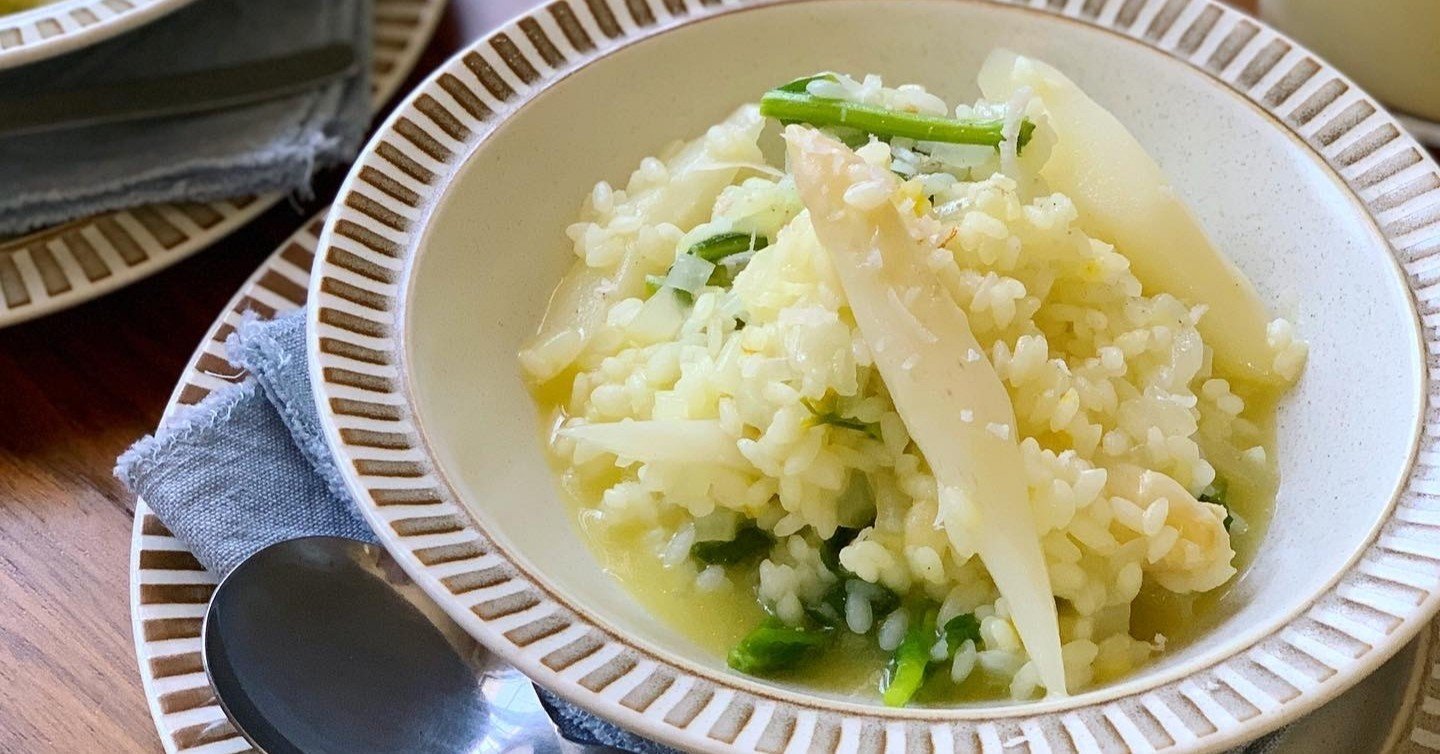 ホワイトアスパラとのらぼう菜のリゾットとポタージュスープ みずのさちこ Note ホワイトアスパラとのらぼう菜のリゾットとポタージュスープ みずのさちこ Note