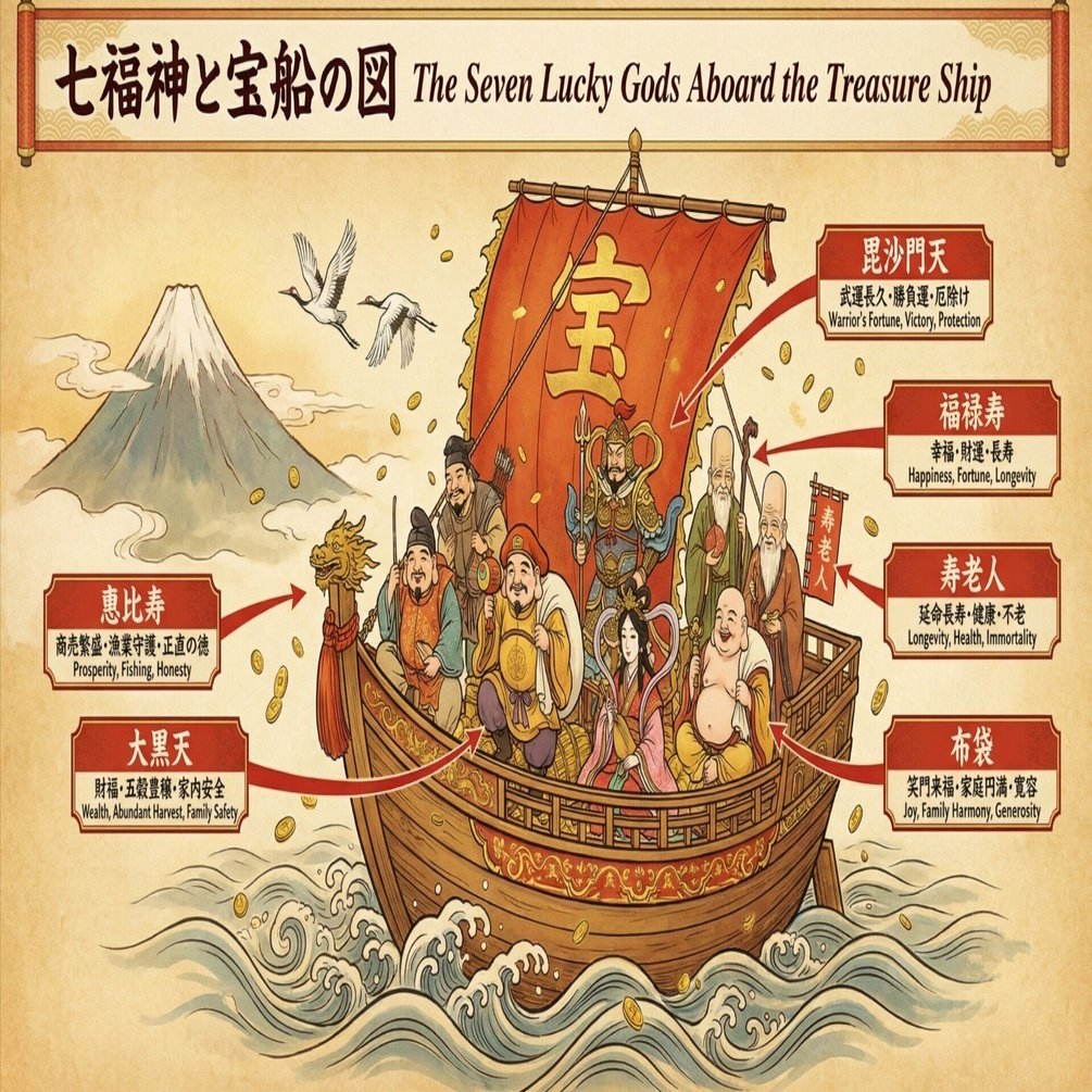 七福神と宝船。8人いる。｜画像生成AI｜ChatGPT｜DiT｜最新言語モデル