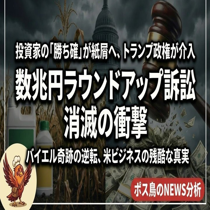 ラウンドアップ訴訟、ついに結末か？】バイエルを殺しかけた「数兆円の訴訟爆弾」を、トランプがたった今、無効化した。「カジノの親」がルールを変えれば、どんな勝ち勝負もナシになる。未来を生き残るための思考術｜ポス鳥（ビジネス＆投資NEWS解説）おそらく日本で１番  ...
