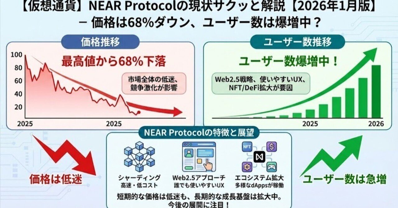 仮想通貨】価格は68%ダウン…でもユーザー数は爆増中？「NEAR Protocol」の現状をサクッと解説【2026年1月版】｜エム