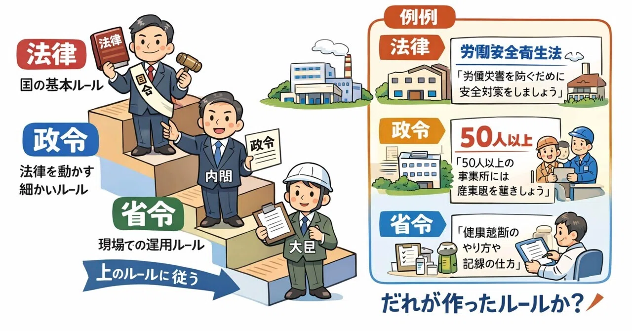 法律・政令・省令の違いは“作った人”で決まる：産業医が現場で困らない整理術｜城医院（豊中市、糖尿病専門医指導医、産業医、労働衛生コンサルタント）