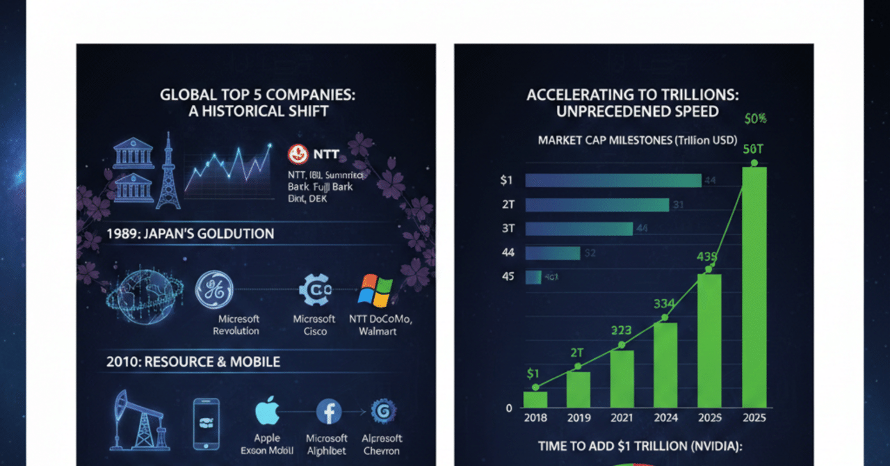 時価総額トップ5企業の変遷とそれら企業の時価総額拡大スピードが人類史上類を見ない速度で加速している理由｜Shota  Atago/愛宕翔太(Taisho/大将)