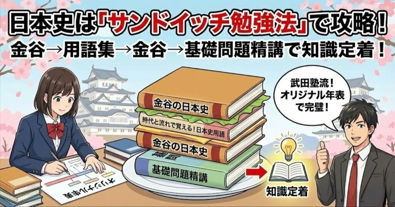 日本史は「サンドイッチ勉強法」で攻略！「金谷→用語集→金谷→基礎