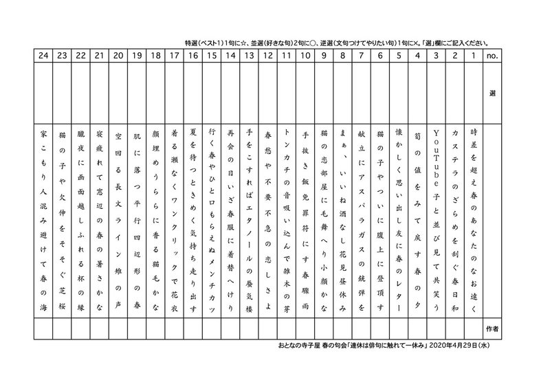 寺子屋春の句会選句用紙 200429