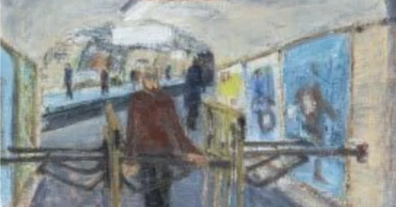西村功 「 車を引く赤帽　」　F3号 油彩 西村 功（NISHIMURA Isao）】── 絵画作品（油彩・水彩・パステル