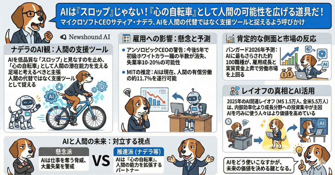 テッククランチニュース｜MSナデラ氏、AIは「スロップ」ではなく「心の自転車」｜1/5｜業界・競合ニュース要約を毎朝5分で | Newshound AI