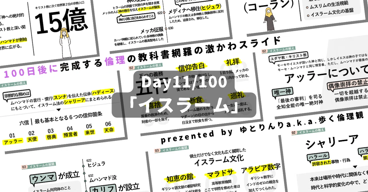 【day11】「イスラーム」の授業のパワーポイント！【100日後に完成する教科書を網羅するスライド・指導案】｜ゆとりんり