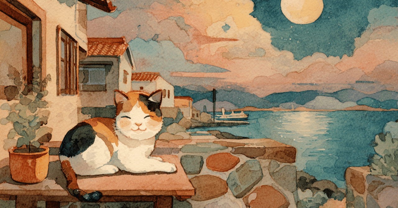 無料AIイラスト： 月夜に佇む淡路島の猫たちを描いた癒やしの水彩画