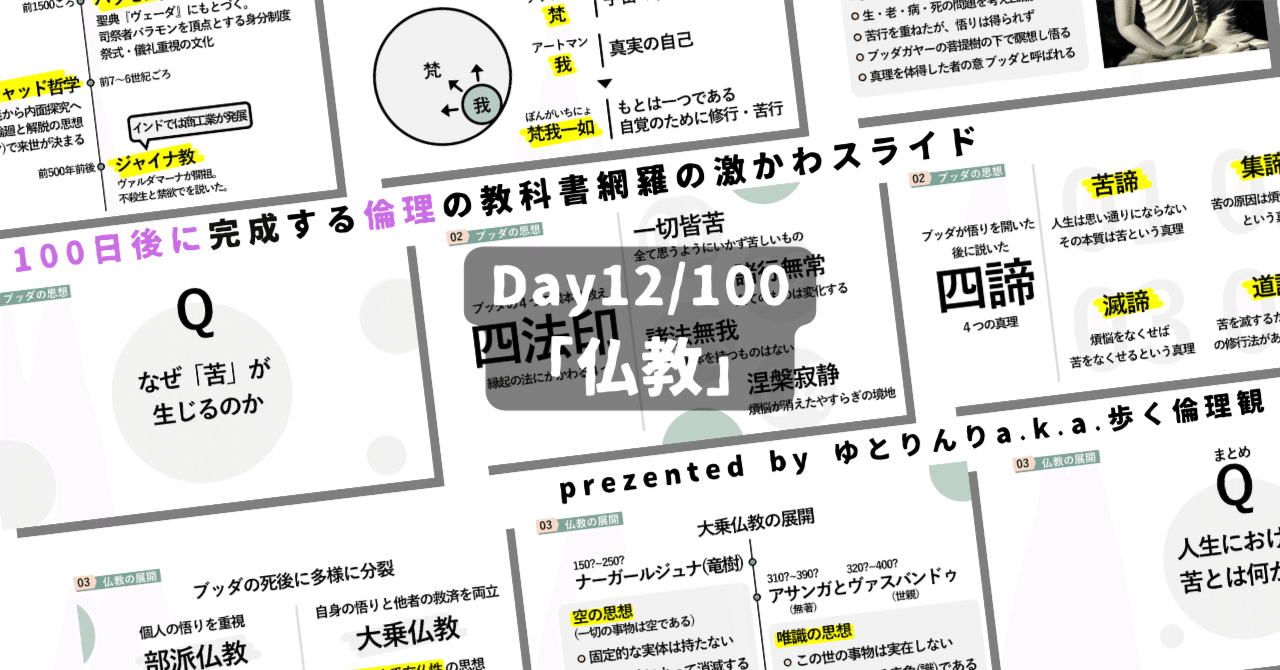 【day12】「仏教」の授業のパワーポイント！【100日後に完成する教科書を網羅するスライド・指導案】｜ゆとりんり｜ゆとりの倫理教員×授業スライド公開中