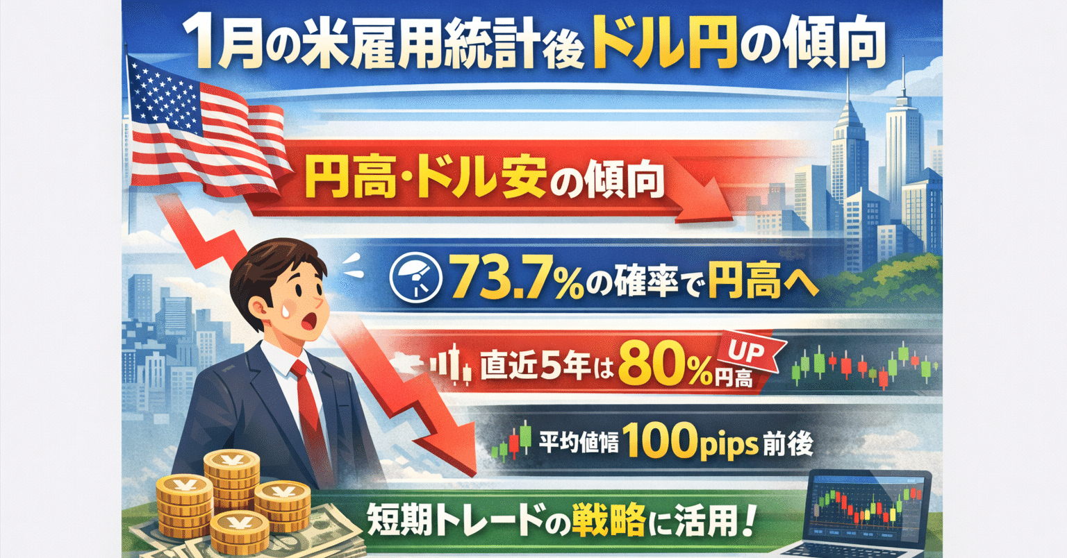 統計73.7％】1月の米雇用統計後、ドル円はなぜ円高になりやすいのか？（過去19年分析）｜BACK