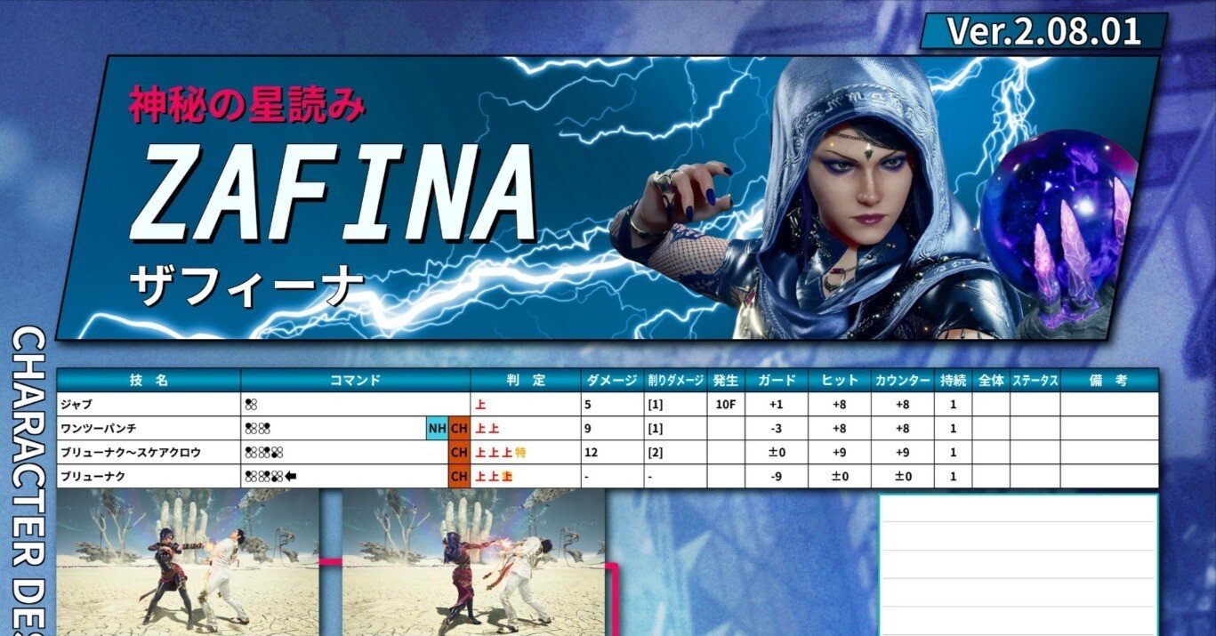 鉄拳8 ザフィーナ モーション 技表 Ver.2.08.01｜douten