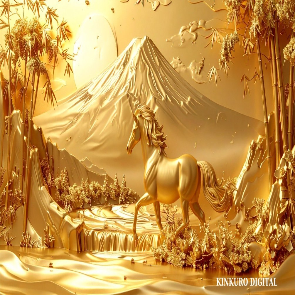 富士山から昇る初日の出と丙午 金色に輝く美しい景色｜Kinkuro Digital