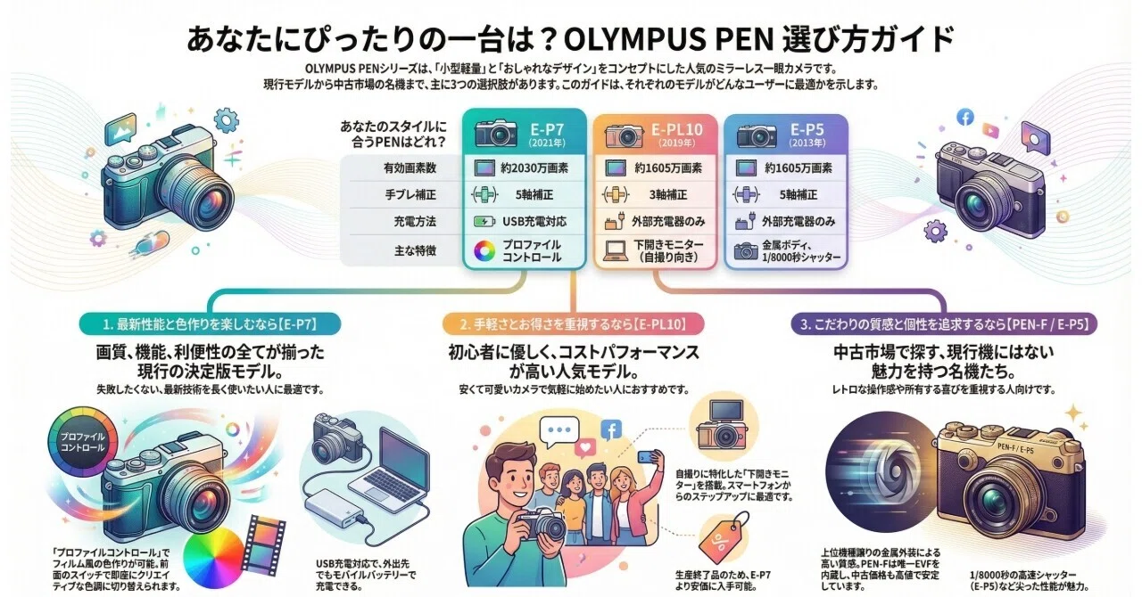 2026年最新】OLYMPUS PENの選び方：E-P7, E-PL10, E-P5を徹底比較 