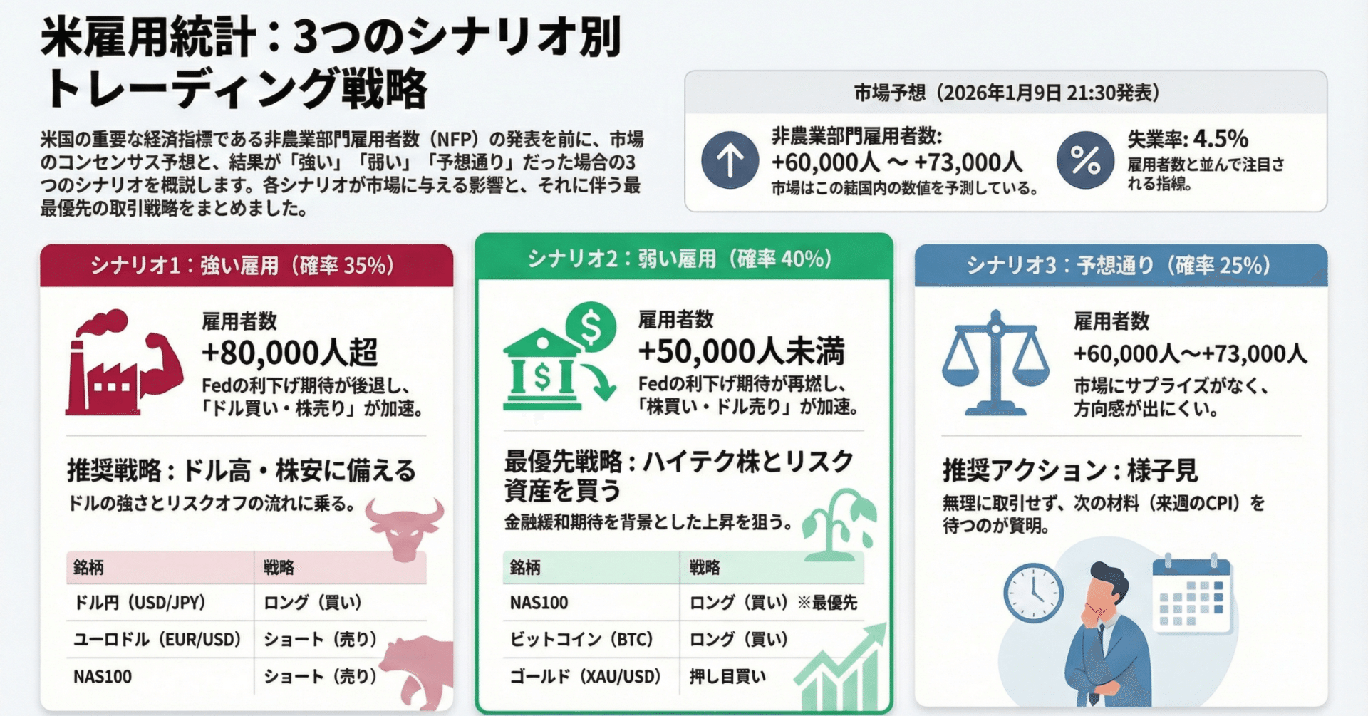 2026年1月9日 マーケットアルゴリズム分析：雇用統計予想と投資シナリオで狙う銘柄｜🦊 天空の狐, CFTe 『BOTトレーダーのトレード日誌』