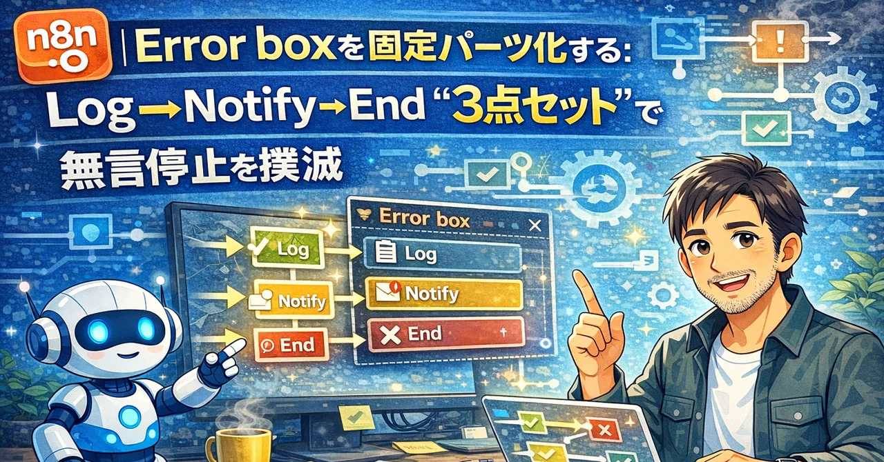 n8n｜Error boxを固定パーツ化する：Log→Notify→End “3点セット”で無言停止を撲滅｜これなこ