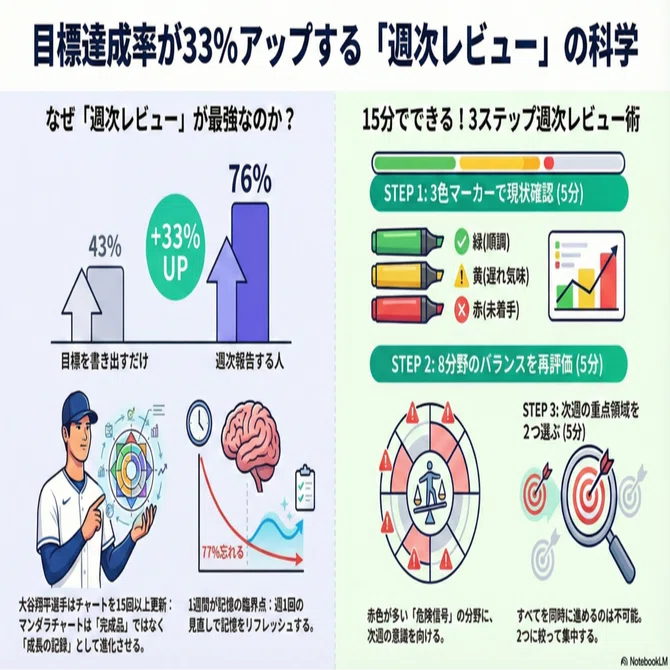 🔄 週次レビュー×マンダラチャート: PDCAを回す仕組み｜Note3ori