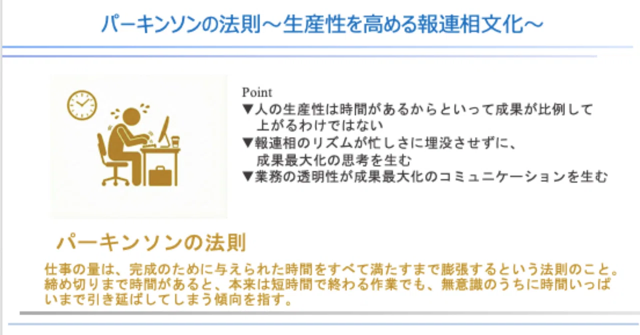 ケース42.パーキンソンの法則〜生産性を高める報連相文化〜｜あむろ