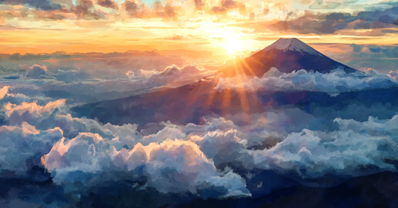 無料のAI画像】サンライズ・グローリー 水彩画で描く黄金の富士山