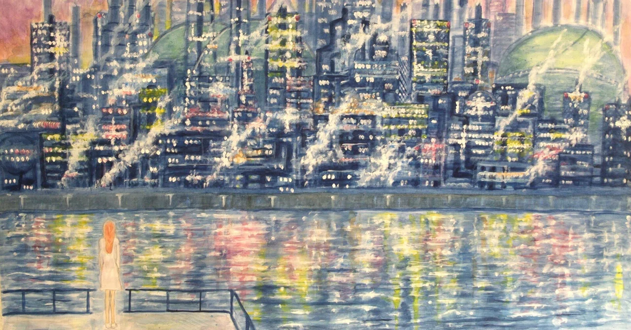 都市風景 油彩画 夜景27✖️25 夜のコンビナート 工場夜景2｜マシュー・カサイ