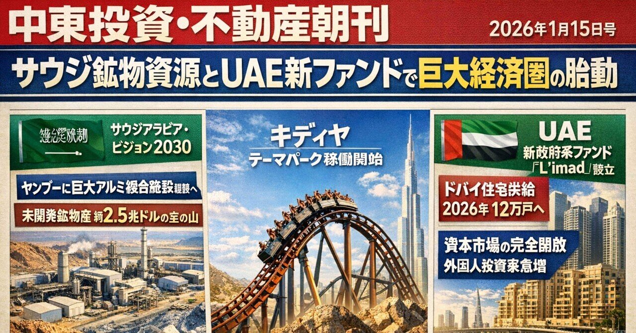 2026年1月15日号】巨大経済圏の胎動、サウジ鉱物資源とUAE新ファンド｜中東投資・不動産朝刊｜アラブたぬさんと不動産