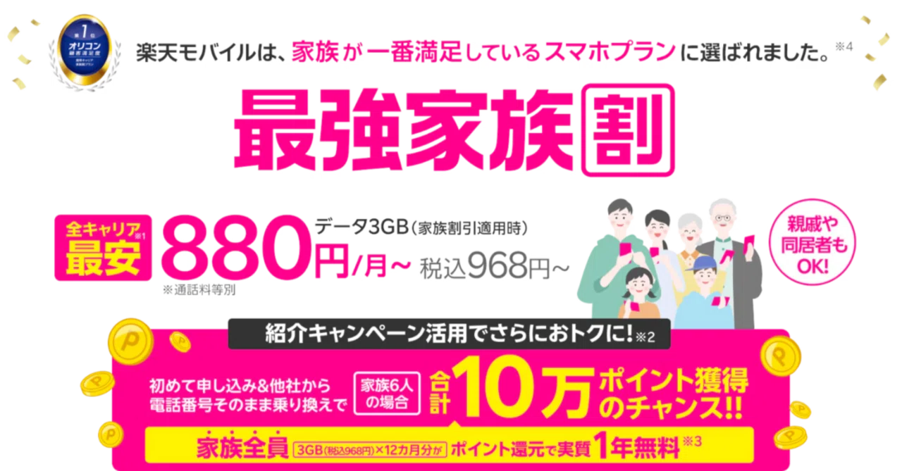 スマホ代節約】家族全員で楽天モバイルに乗り換え｜楽天モバイルの伝道