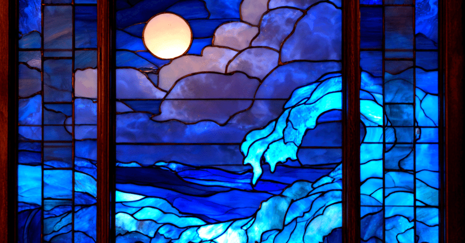 無料のAI画像】光り輝く「太平洋の波」を表現したステンドグラス