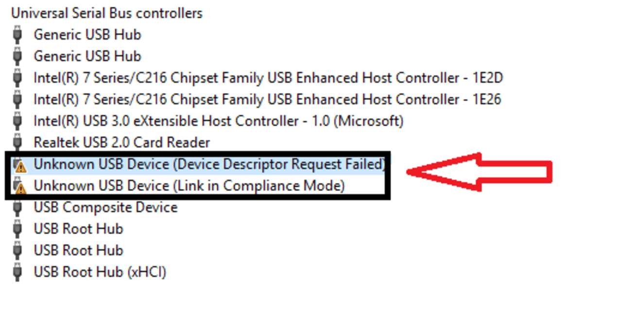 Usb device descriptor. USB\Unknown. USB\device_descriptor_failure. USB device device description request. USB\Port_link_Compliance_Mode.