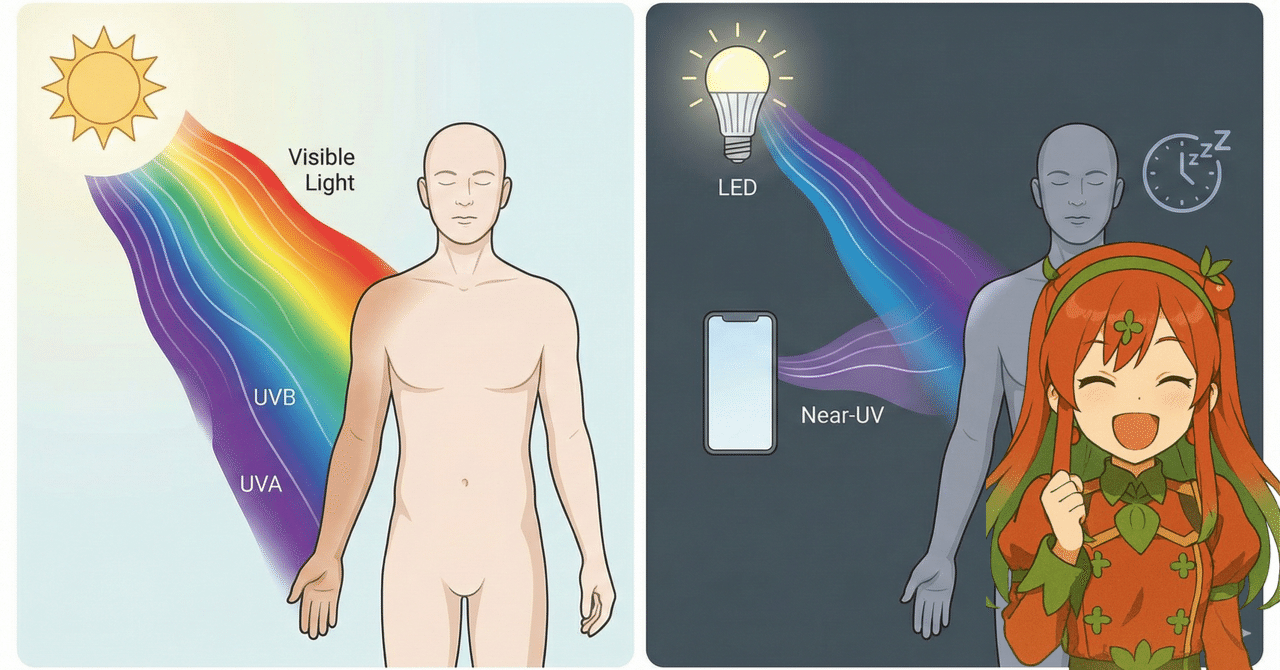 夜の光で日焼けする？LED時代の《近紫外線》と肌・睡眠】LED時代の「夜の光」と生体影響に関する包括的調査報告書：近紫外線・ブルーライト がもたらす皮膚および睡眠への作用機序とリスク評価｜とまとの気分次第研究所