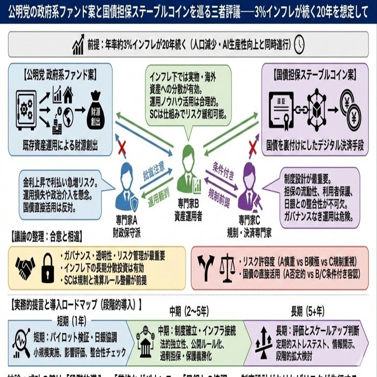公明党の政府系ファンド案と国債担保ステーブルコインを巡る三者評議――3％インフレが続く20年を想定して｜阪口源太@与那国町議会議員