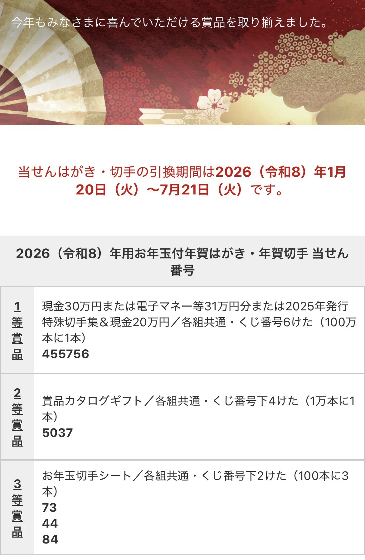 お年玉 付き 年賀 はがき の 当選 番号