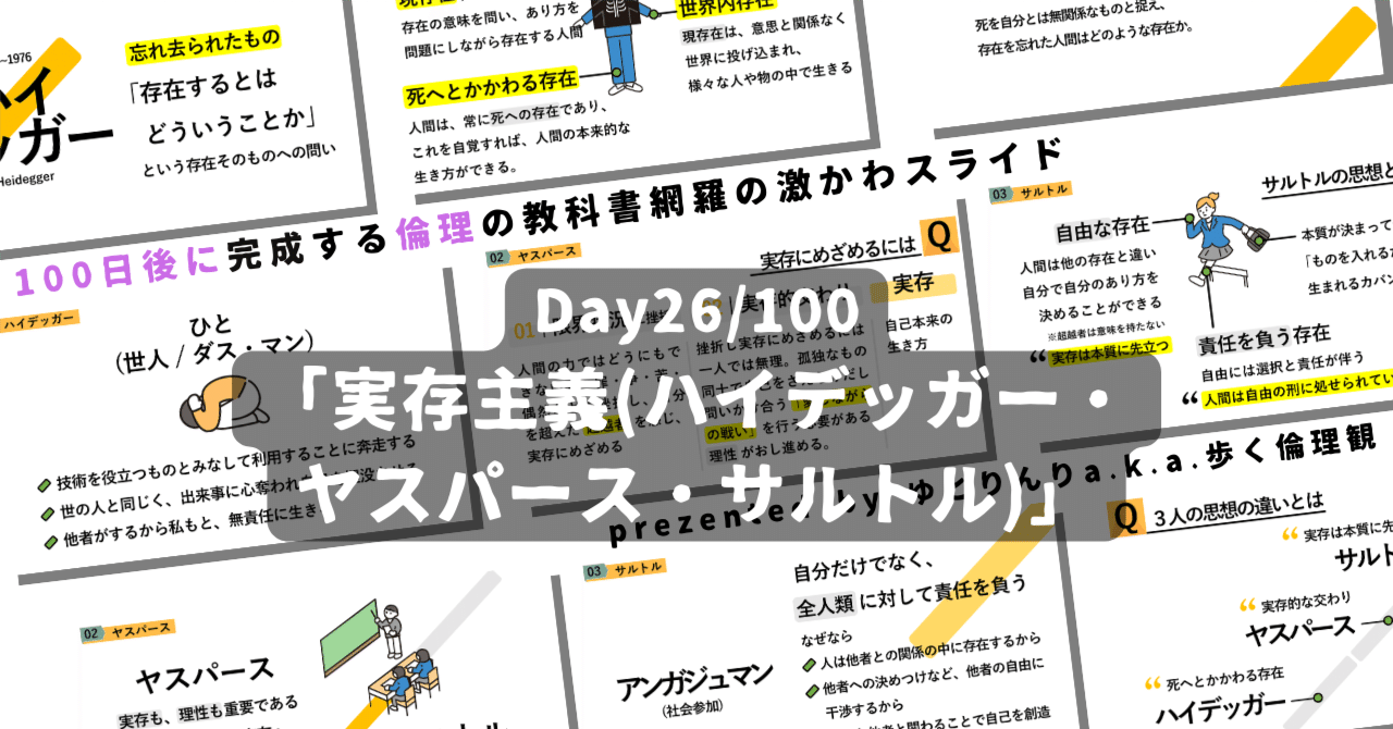 【day26】「実存主義(ハイデッガー・ヤスパース・サルトル)」の授業のパワーポイント！【100日後に完成する教科書を網羅するスライド・指導案】｜ゆとりんり｜ゆとりの倫理教員×授業スライド公開中