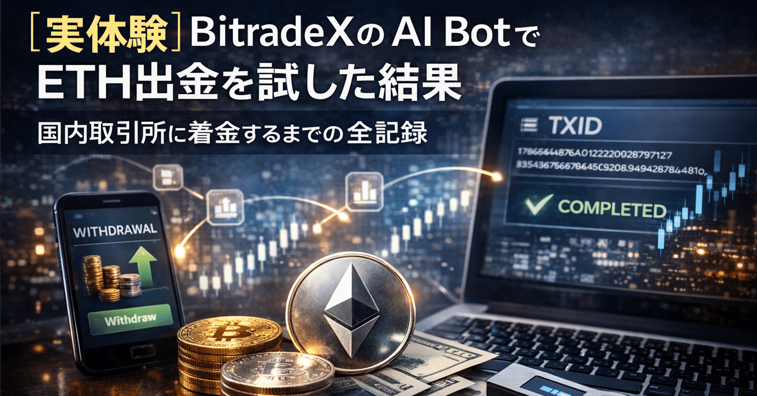 実体験】BitradeXのAI BotでETH出金を試した結果｜国内取引所に着金するまでの全記録｜BitradeX検証ログ@たに