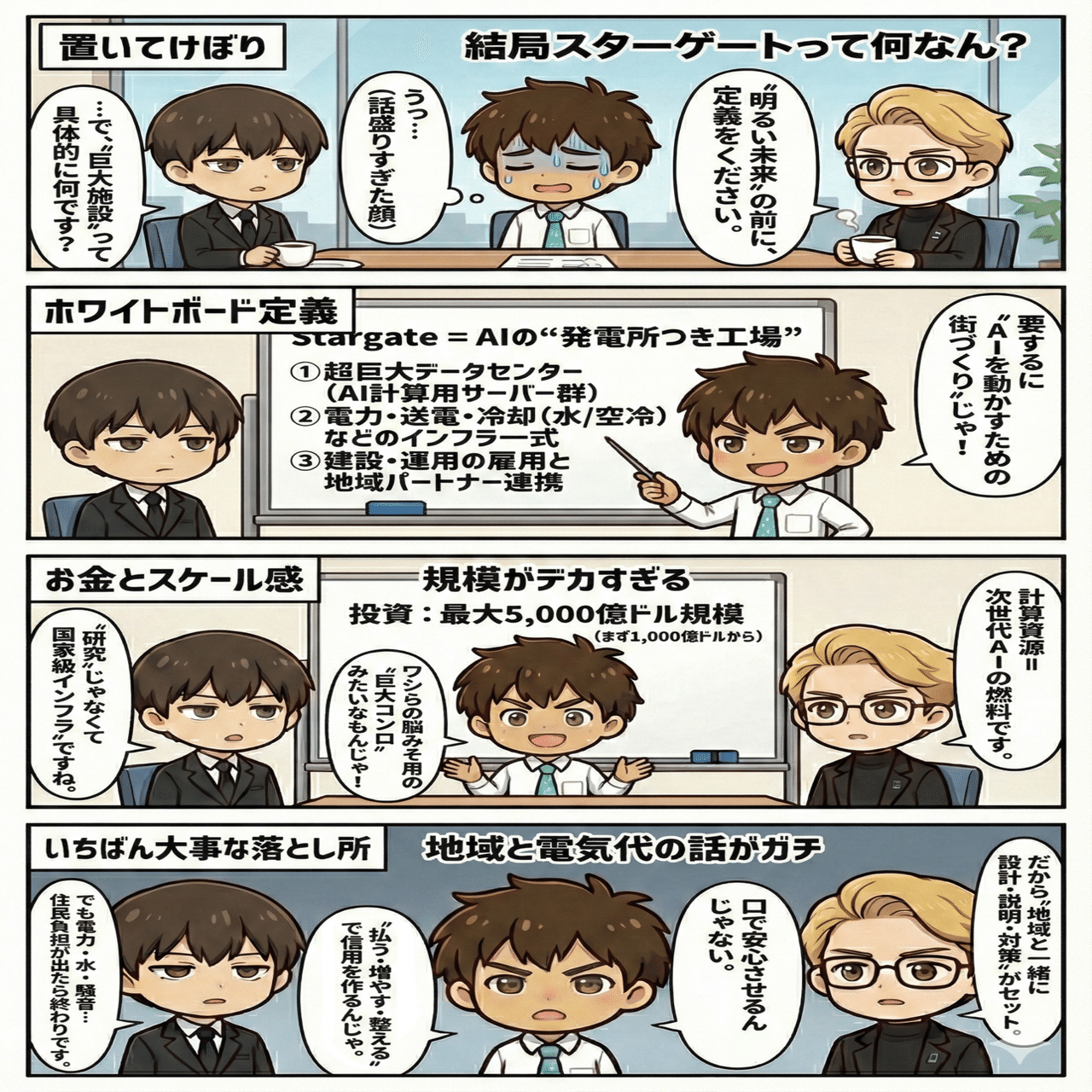 生成AIニュース OPenAI STARGATE計画 5000億ドル(75兆円)の衝撃‼︎ 漫画でChatGPTとGeminiが解説 ｜  ChatGPTのヨシダ｜カワムラ｜AI擬人化漫画 | ChatGPTのヨシダ