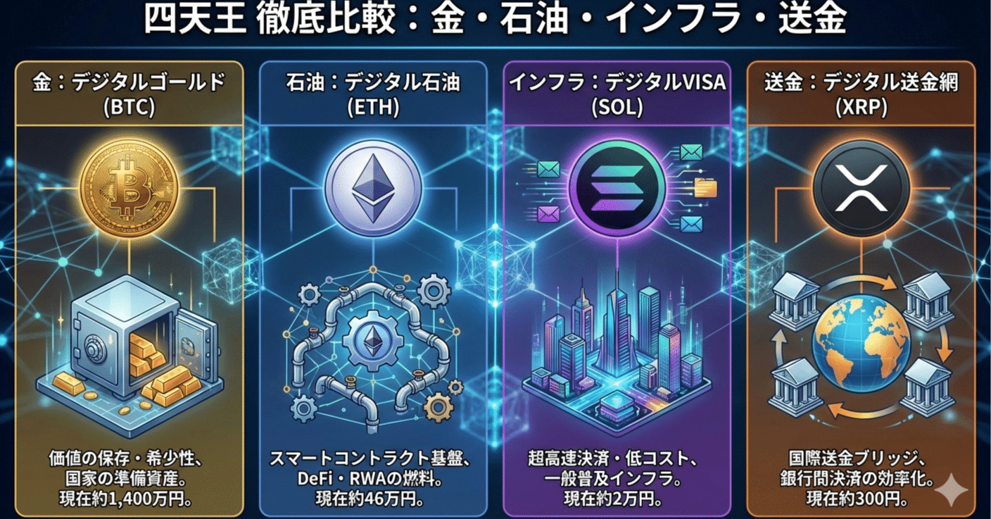 金・石油・インフラ・送金：ビットコインと主要アルトコインの「四天王」徹底比較｜ふみまる
