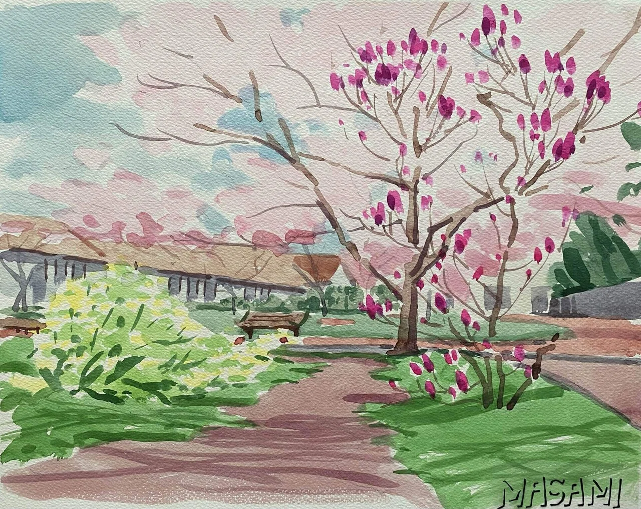 求正美、【見付天神】、希少画集画、風景、自然、さくら 39 神園正美の透明水彩画 待ち遠しい春｜神園正美の透明水彩画@note