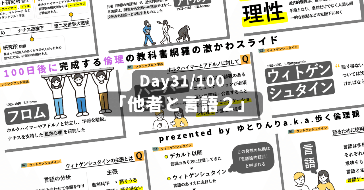 【day31】「他者と言語２(フランクフルト学派・ウィトゲンシュタイン)」の授業のパワーポイント！【100日後に完成する教科書を網羅するスライド・指導案】｜ゆとりんり｜ゆとりの倫理教員×授業スライド公開中