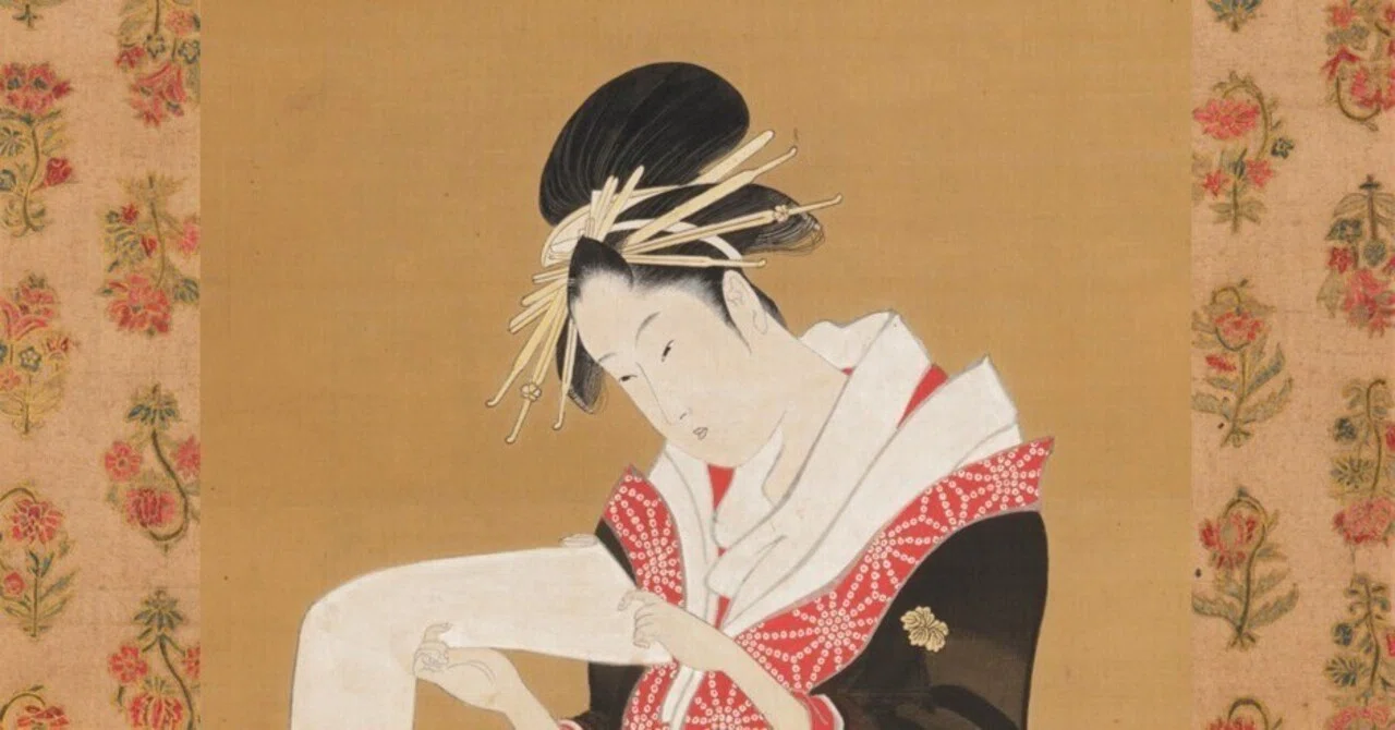 喜多川歌麿　美人図　掛軸　送料無料 浮世絵・掛け軸 喜多川歌麿作 道成寺