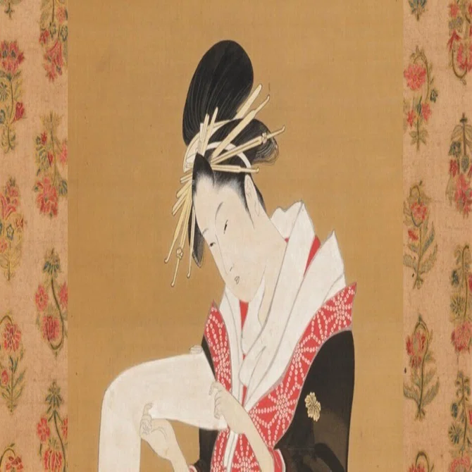 蔵出】鉄恵 「美人観書図」◎肉筆絹本◎明治時代 浮世絵 美人画 【公式