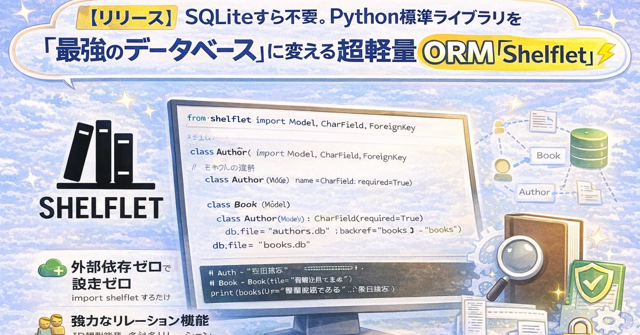 【リリース】SQLiteすら不要。Python標準ライブラリを「最強のデータベース」に変える超軽量ORM「Shelflet」を公開しました｜門 ...